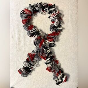 Multicolored handmade Ruffled Knit Scarf black, white, gray and red
